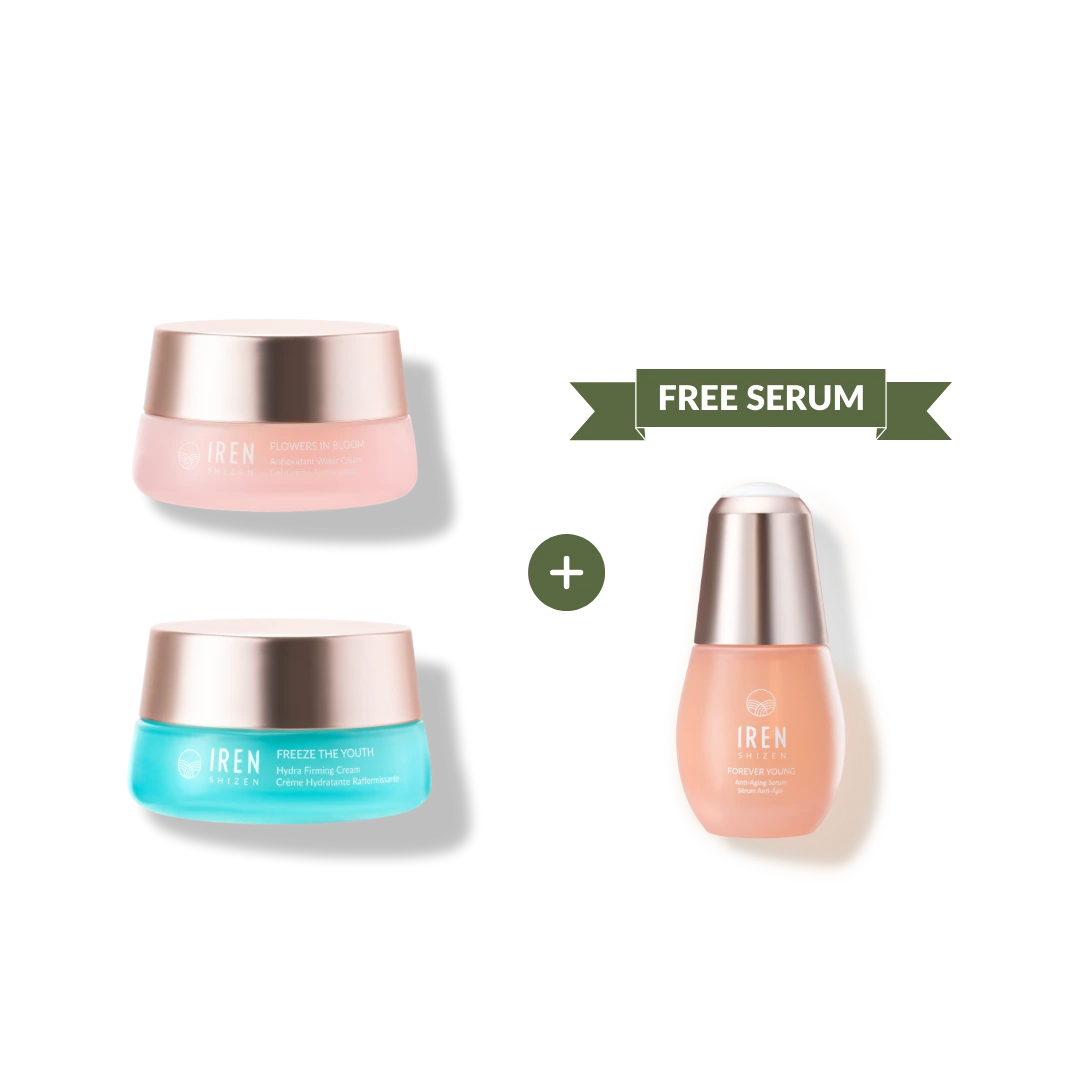 The MOISTURE SANDWICH Skincare Kit by IREN Shizen features two colorful jars and a pink "FREE SERUM" bottle on a white background—ideal for boosting hydration and enhancing serum absorption. #show-lang-en #all-groups