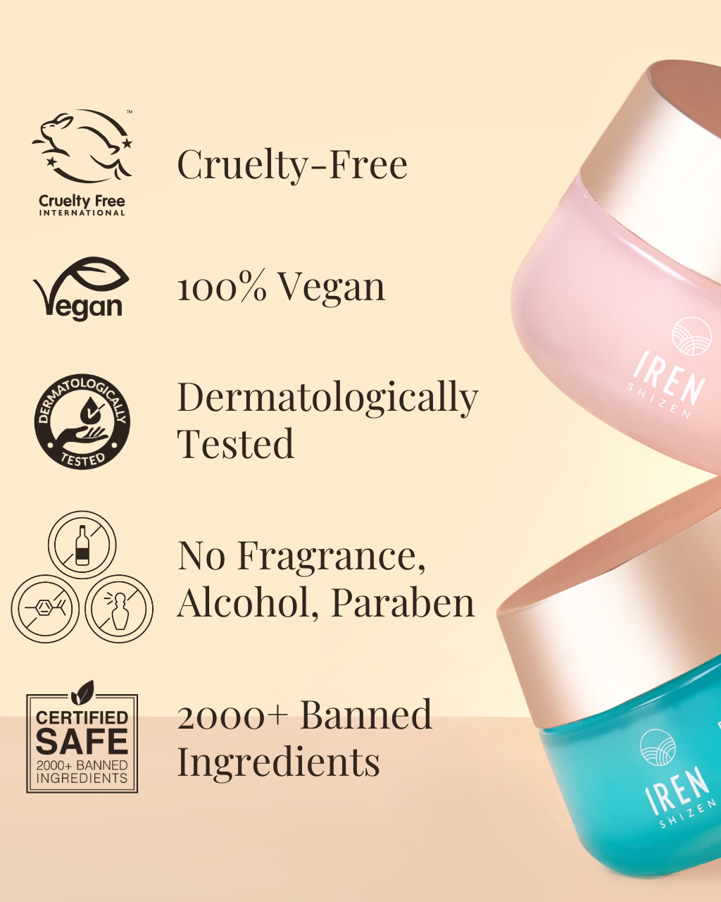 Two skincare products by IREN Shizen, offering benefits such as being cruelty-free, 100% vegan, dermatologically tested, free from fragrance/alcohol/parabens, and excluding over 2000 banned ingredients. One product is a non-comedogenic hydrator designed to boost skin hydration and the other is the FLOWERS IN BLOOM Antioxidant Water Cream, a silicone-free gel cream. #all-groups #show-lang-en