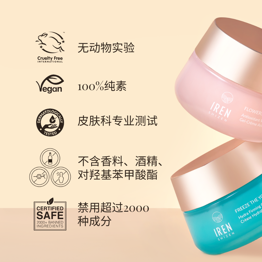 Two skincare products by IREN Shizen, offering benefits such as being cruelty-free, 100% vegan, dermatologically tested, free from fragrance/alcohol/parabens, and excluding over 2000 banned ingredients. One product is a non-comedogenic hydrator designed to boost skin hydration and the other is the FLOWERS IN BLOOM Antioxidant Water Cream, a silicone-free gel cream. #all-groups #show-lang-zh-cn