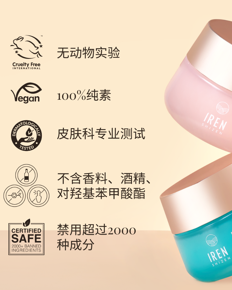 Two skincare products by IREN Shizen, offering benefits such as being cruelty-free, 100% vegan, dermatologically tested, free from fragrance/alcohol/parabens, and excluding over 2000 banned ingredients. One product is a non-comedogenic hydrator designed to boost skin hydration and the other is the FLOWERS IN BLOOM Antioxidant Water Cream, a silicone-free gel cream. all-groups #show-lang-zh-cn
