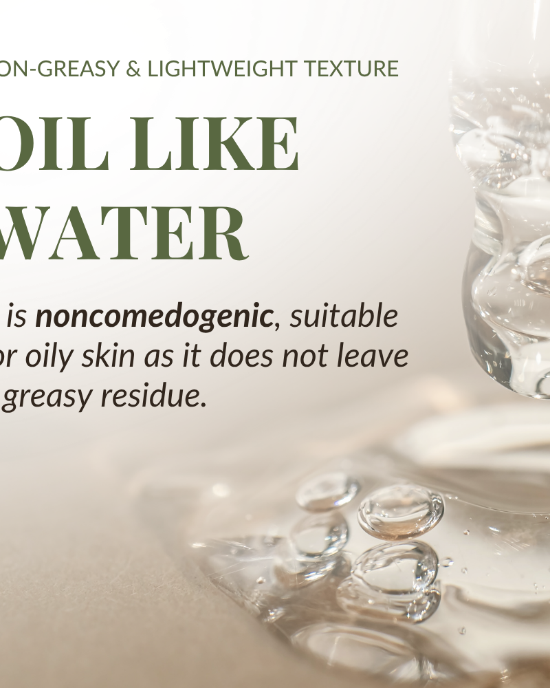 A close-up of clear droplets and a glass, with text about IREN Shizen’s BLOOM OF YOUTH Restoring Facial Oil—a non-greasy, lightweight formula with prebiotics and postbiotics to support the skin barrier, ideal for oily skin.