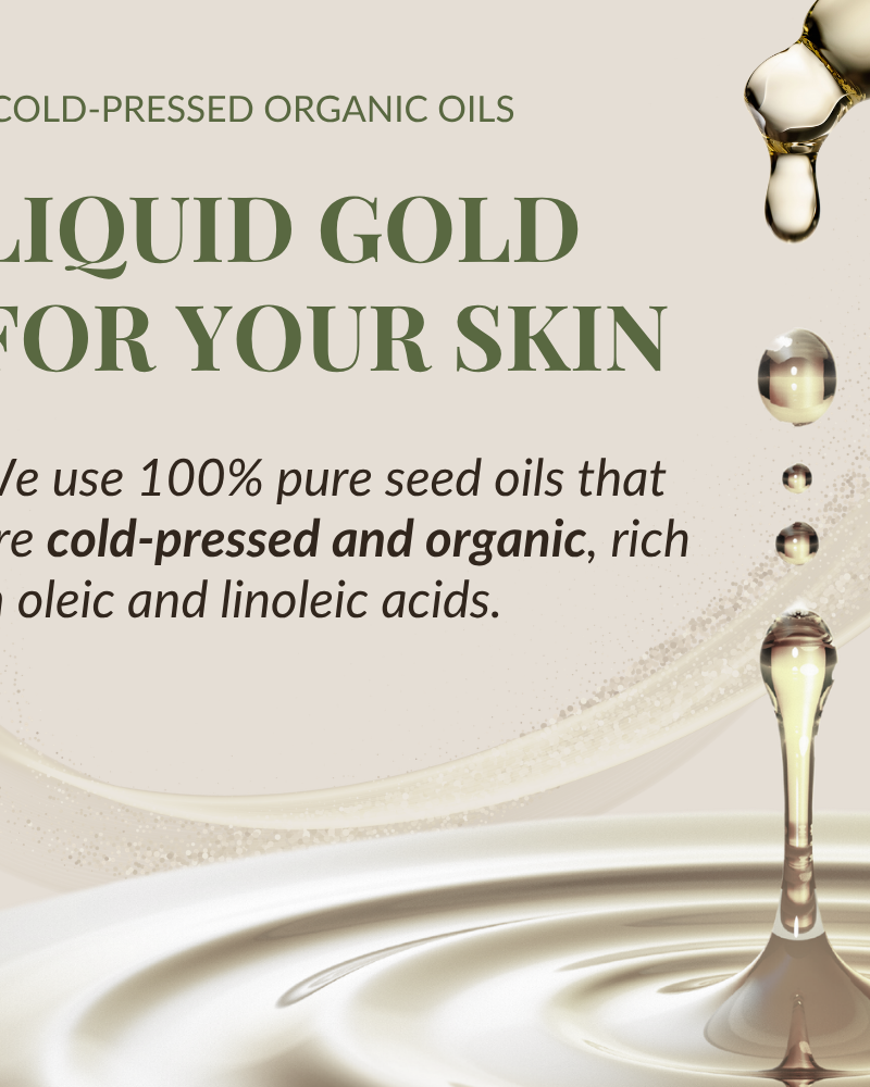 A drop of BLOOM OF YOUTH Restoring Facial Oil by IREN Shizen falls, highlighting cold-pressed organic seed oils—pure, nutrient-rich, and designed to support your skin barrier.