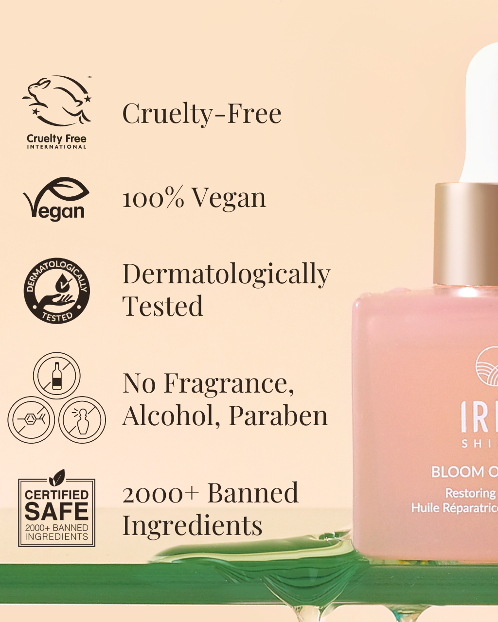 A bottle of BLOOM OF YOUTH Restoring Facial Oil by IREN Shizen, featuring lightweight oil with natural ingredients for skin renewal, is displayed with icons indicating that it is cruelty-free, vegan, dermatologically tested, fragrance-free, and contains over 2000 banned ingredients. all-groups #show-lang-en