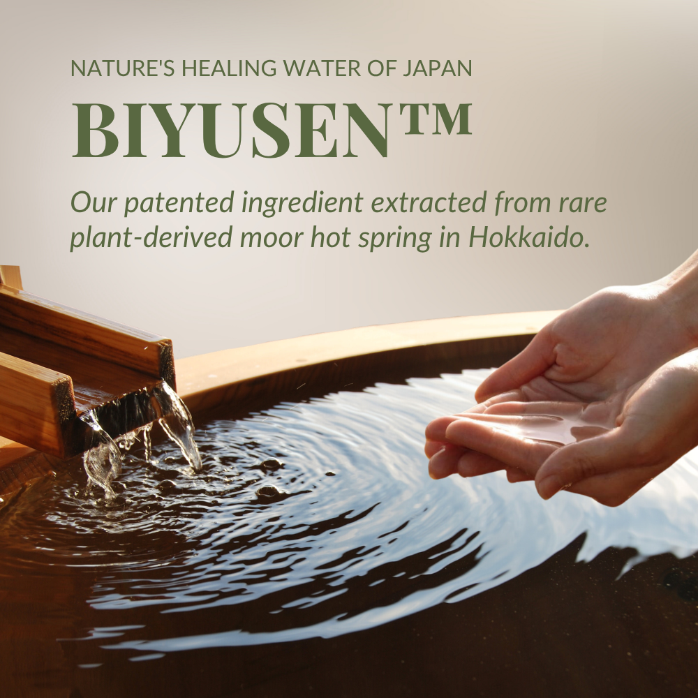 A person dips hands into water, with text promoting SKIN REBOOT Antioxidant Serum by IREN Shizen, featuring a patented ingredient and pomegranate extract from a Hokkaido hot spring to help reduce dark circles. #show-lang-en