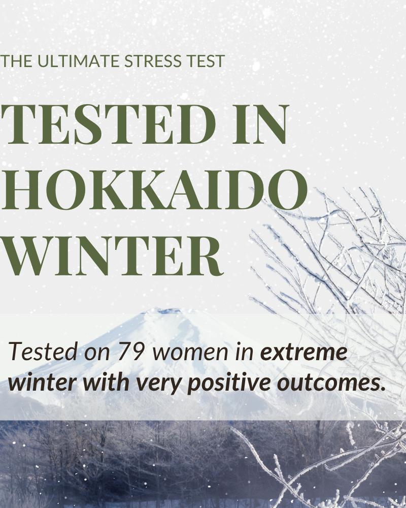 Text reads: “Tested in Hokkaido Winter. IREN Shizen's FREEZE THE YOUTH Hydra Firming Cream was tested on 79 women in harsh winter conditions with very positive results.” Background shows snow-covered trees and a mountain.