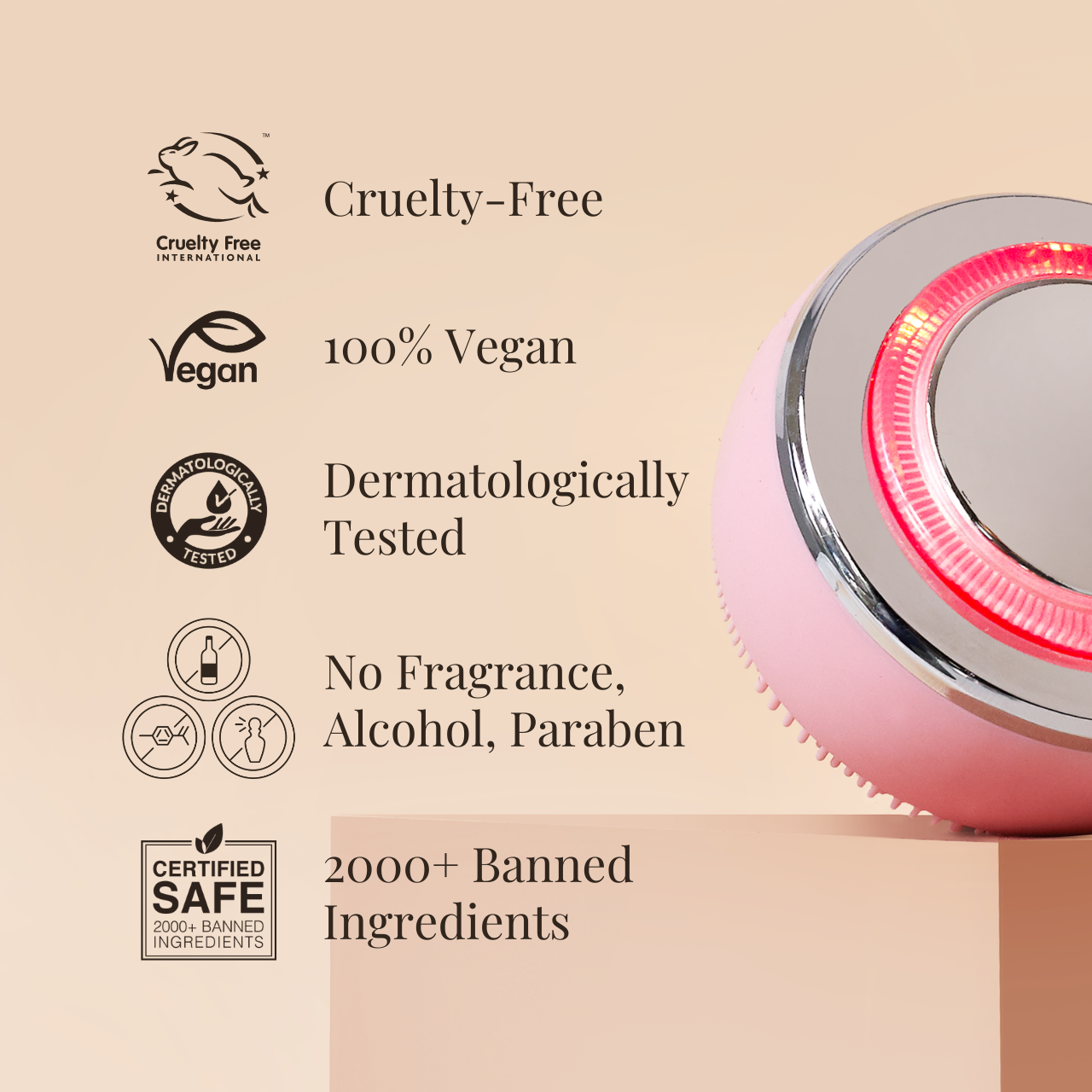 The GLOW ON THE GO Travel Light Kit by IREN Shizen is a pink cleansing device with a red LED ring, featuring cruelty-free, vegan, dermatologist-tested care—no fragrance, alcohol, or parabens, and 2000+ ingredients banned. Ideal for your skincare travel kit. #show-lang-en #all-groups