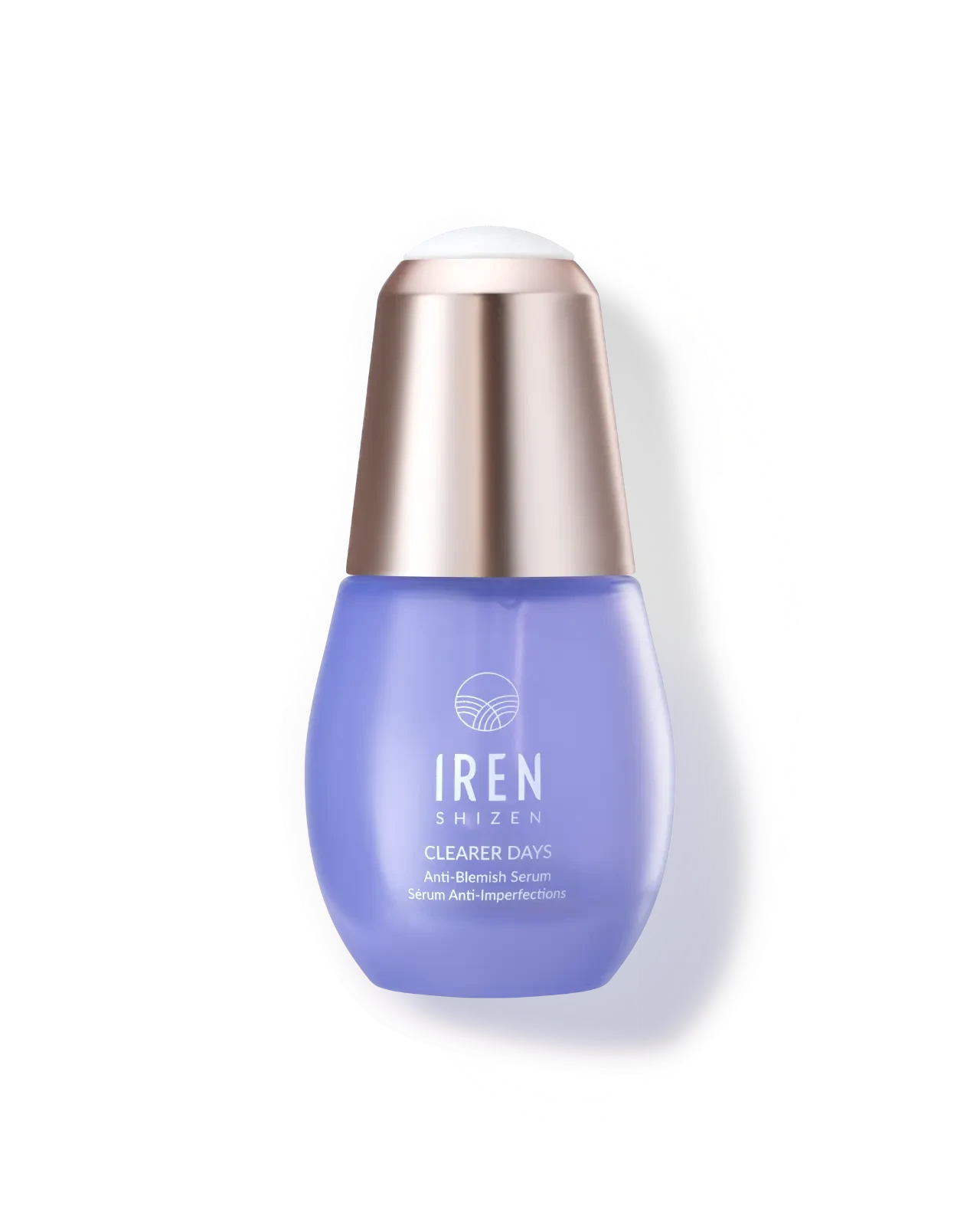 A bottle of customised CLEARER DAYS Anti-Blemish Serum by IREN Shizen, a Japanese skincare brand, on a white background.