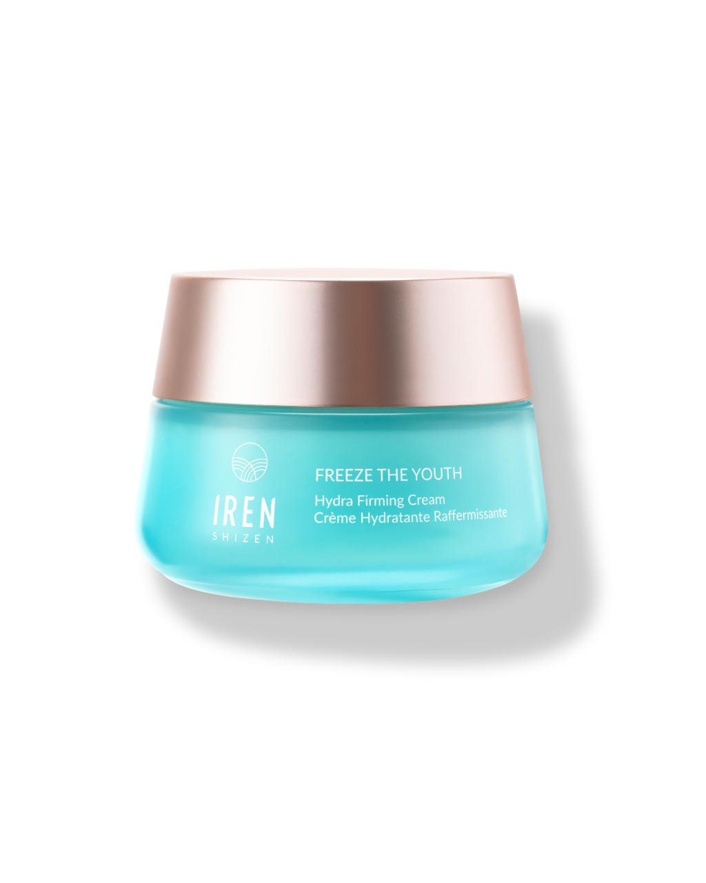 A jar of IREN Shizen™ FREEZE THE YOUTH Hydra Firming Cream age-defying formula against a white background.