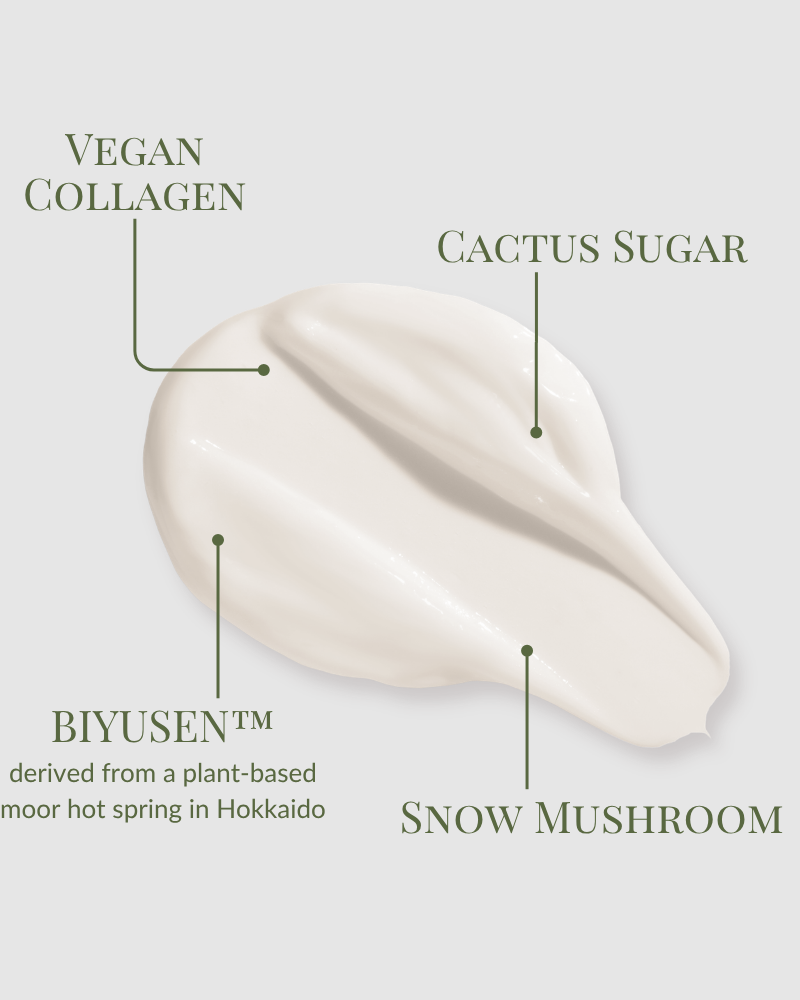 FREEZE THE YOUTH Hydra Firming Cream by IREN Shizen—creamy white vegan formula with age-defying BIYUSEN™ (Hokkaido hot spring), cactus sugar, and snow mushroom—your essential overnight hydrating cream.