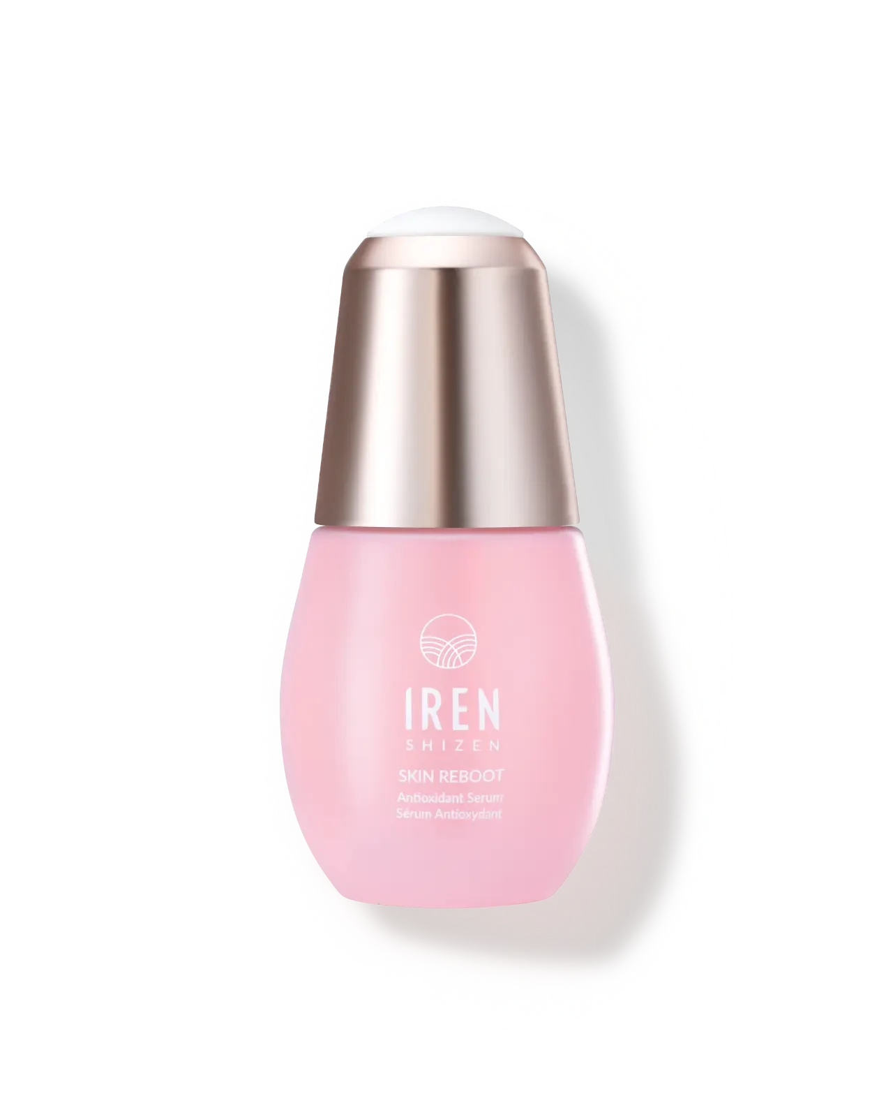 A bottle of custom Japanese skincare Serum by IREN Shizen on a white background.