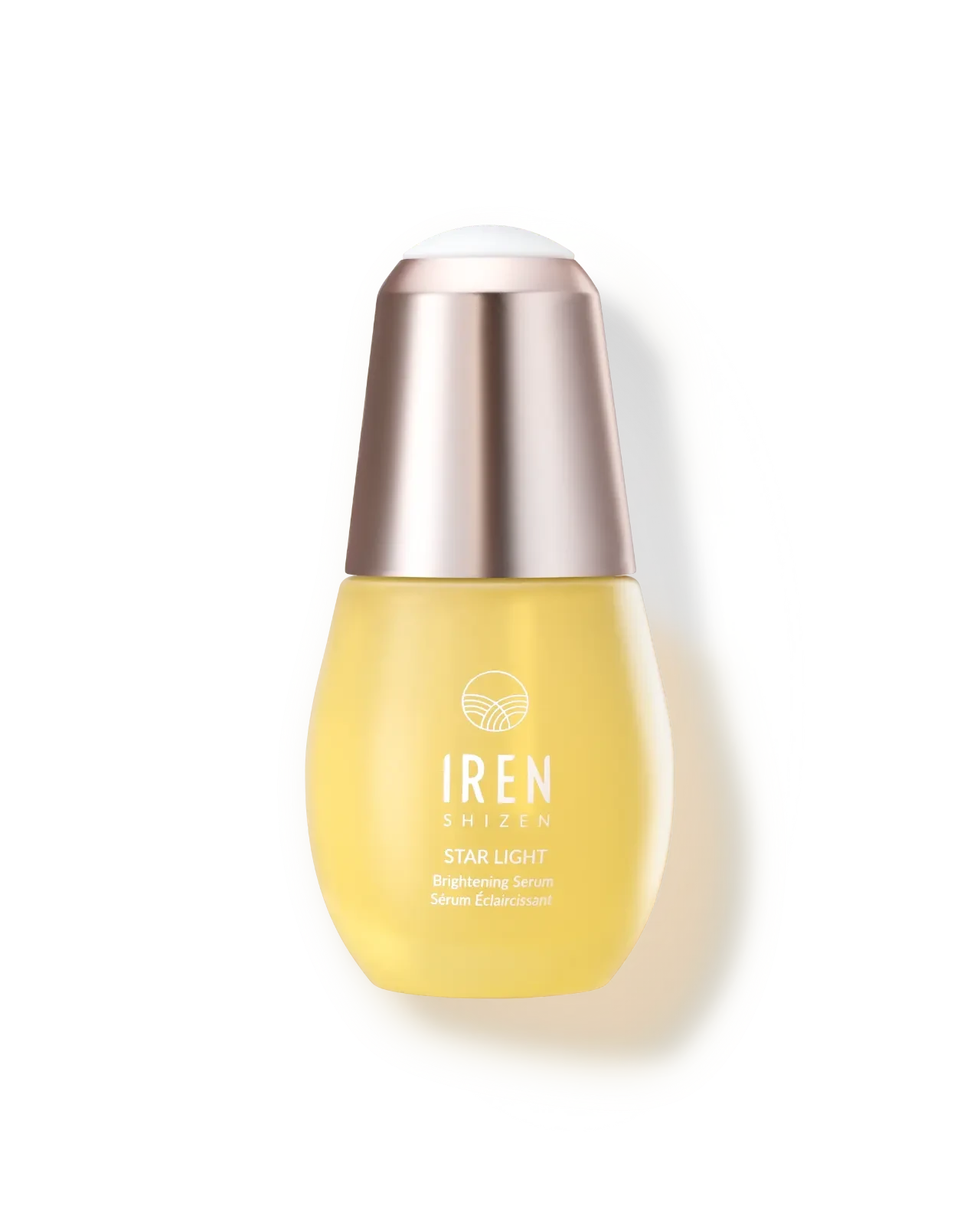 A bottle of customised Japanese skincare serum, STAR LIGHT Brightening Serum by IREN Shizen, on a white background.