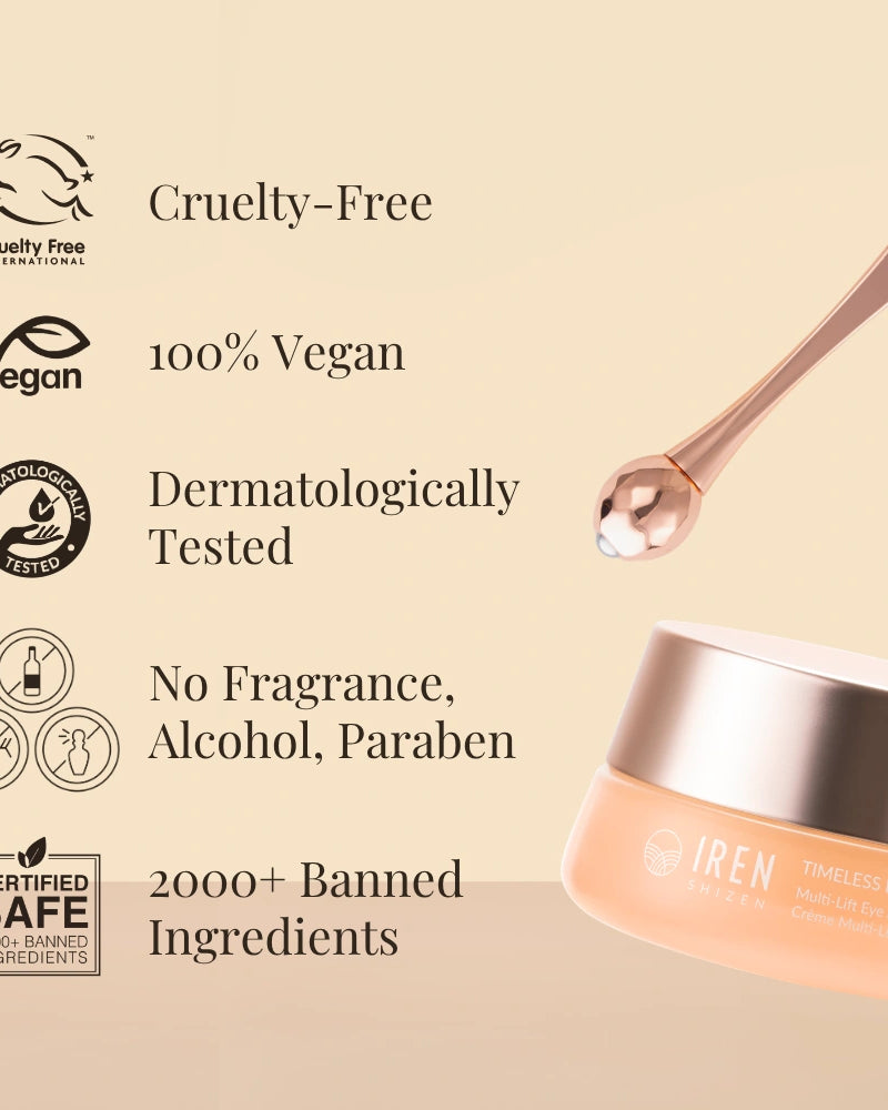A jar of IREN Shizen TIMELESS ELIXIR Multi-Lift Eye and Lip Cream—an anti-aging, cruelty-free, vegan formula that’s dermatologically tested, free from fragrance/alcohol/parabens, with 2000+ banned ingredients for visible results.
#show-lang-en #all-groups