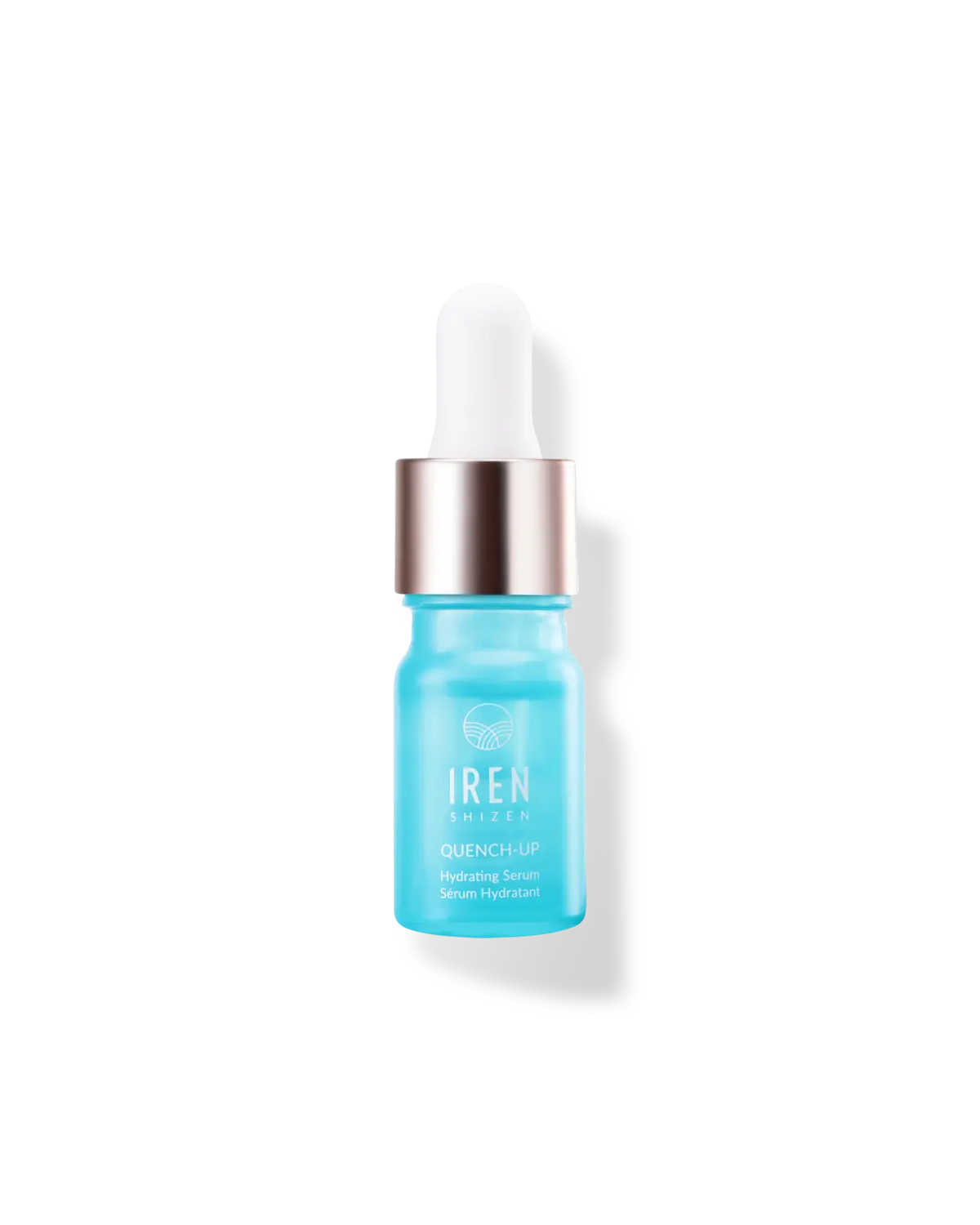 A Japanese IREN Shizen customised skincare Quench-Up Hydrating Serum - 5ml bottle with a white lid on a black background.