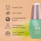 A green bottle of KEEP CALM Soothing Serum by IREN Shizen boasts features such as being cruelty-free, vegan, dermatologist tested, fragrance-free, alcohol-free, paraben-free, and formulated without over 2000 banned ingredients—perfect for sensitive skin. #show-lang-en #all-groups