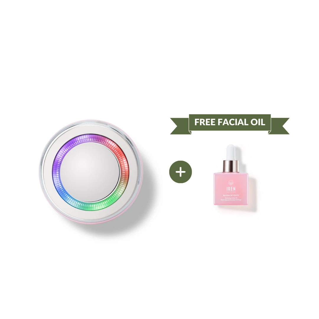 The IREN Shizen GLOW ON THE GO Travel Light Kit includes a circular LED skincare device and a small pink facial oil with dropper, labeled “Free Facial Oil”—perfect for your travel skincare routine. #show-lang-en #all-groups