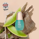 A bottle of IREN Shizen KEEP CALM Soothing Serum rests on wood with aloe vera slices, next to a Cleo Beauty Hall of Fame 2019 Winner badge—ideal for sensitive skin, eczema, and rosacea care. #all-groups