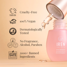 The SKIN REBOOT Antioxidant Serum by IREN Shizen, complete with a dropper, is cruelty-free, vegan, dermatologically tested, and free of fragrance, alcohol, parabens, and over 2000 banned ingredients. This antioxidant serum provides ultimate skin revitalization and protection against UV damage. #show-lang-en #all-groups