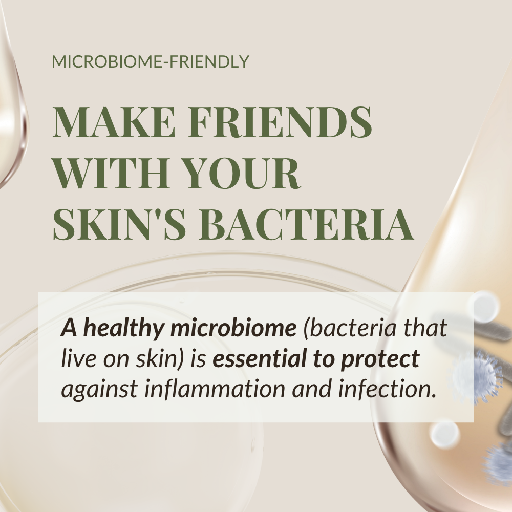 A graphic for IREN Shizen BLOOM OF YOUTH Restoring Facial Oil shows how prebiotics and postbiotics help protect the skin microbiome and barrier, guarding against inflammation and infection. Design features two droplets with microbial imagery. #show-lang-en