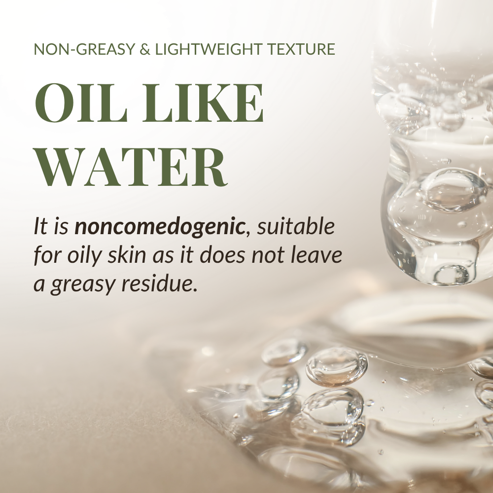 A close-up of clear droplets and a glass, with text about IREN Shizen’s BLOOM OF YOUTH Restoring Facial Oil—a non-greasy, lightweight formula with prebiotics and postbiotics to support the skin barrier, ideal for oily skin. #show-lang-en