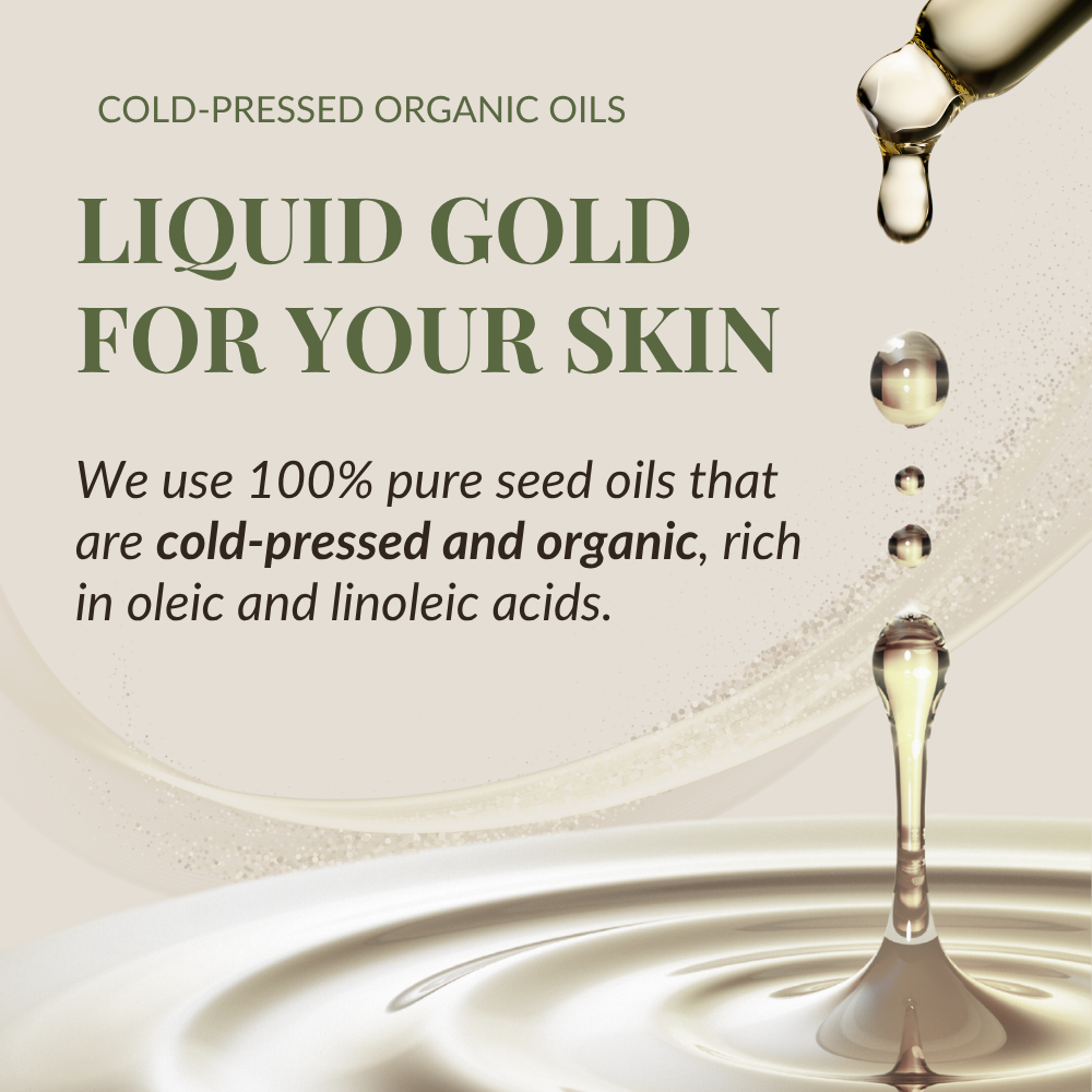 A drop of BLOOM OF YOUTH Restoring Facial Oil by IREN Shizen falls, highlighting cold-pressed organic seed oils—pure, nutrient-rich, and designed to support your skin barrier. #show-lang-en