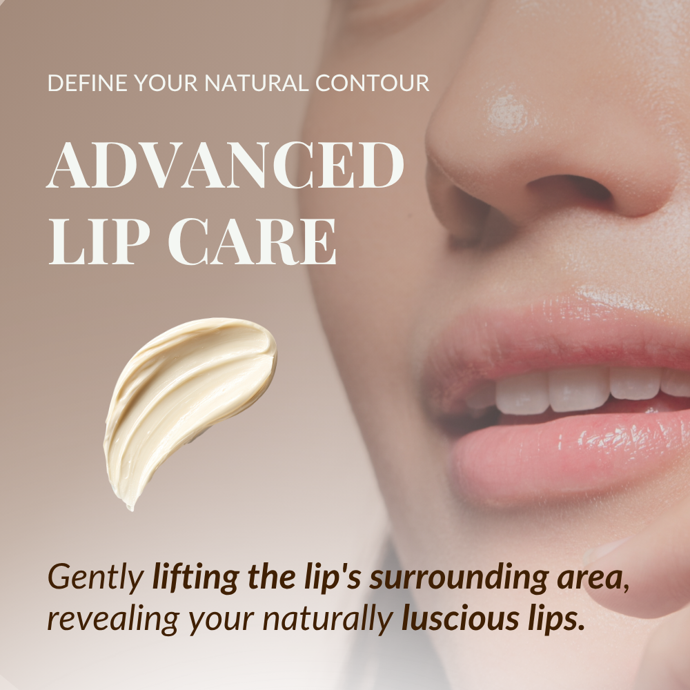 Close-up of a woman's smooth lower face and lips, with text on advanced care and a cream smear, highlighting how IREN Shizen TIMELESS ELIXIR Multi-Lift Eye and Lip Cream reduces dark circles for a rejuvenated look.