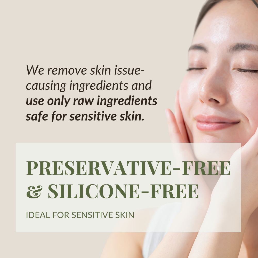 A woman with clear skin touches her face beside text for IREN Shizen FLOWERS IN BLOOM Antioxidant Water Cream—natural origin, preservative-free, silicone-free, and perfect for sensitive skin.