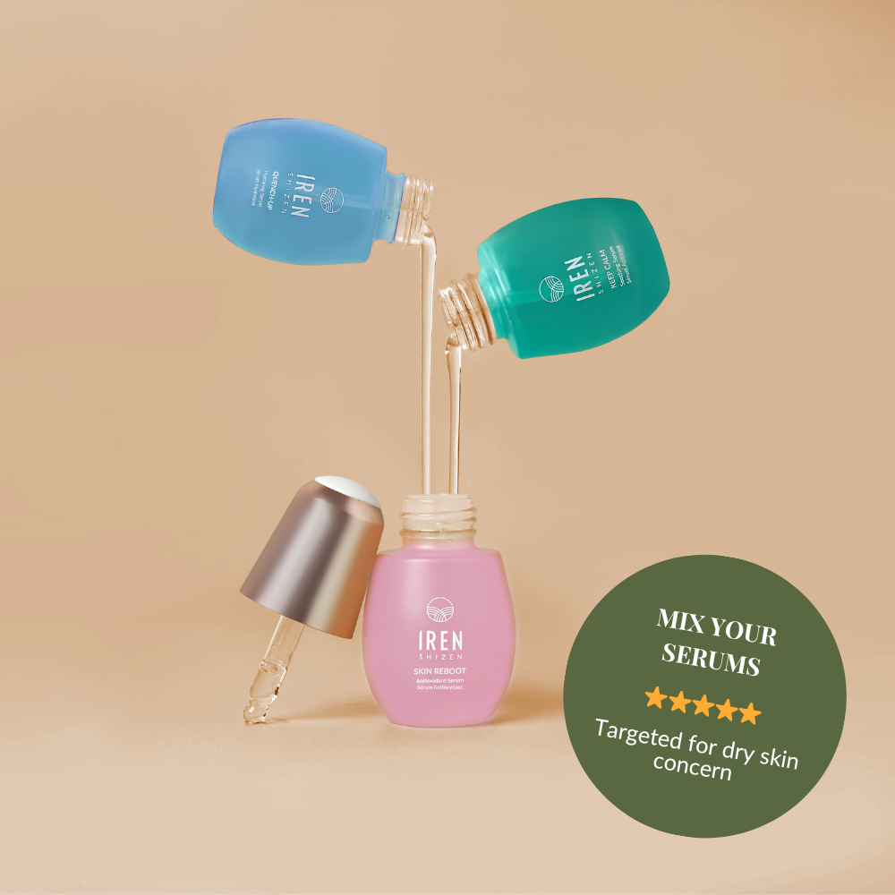 Three colorful serums from IREN Shizen’s DEW UP Hydrating Discovery Kit are artfully arranged, promoting a mix-and-match skincare routine to address dry skin and deliver dewy hydration with each antioxidant and hydrating serum. #show-lang-en