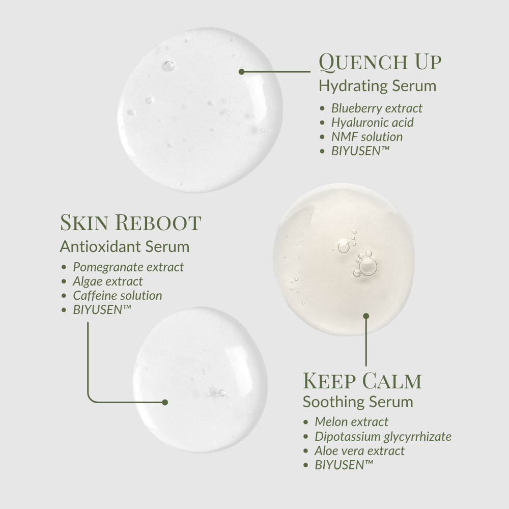 The DEW UP Hydrating Discovery Kit by IREN Shizen showcases three serums as clear droplets on a light gray background, each labeled with its name and key ingredients for dewy, hydrated skin. #show-lang-en