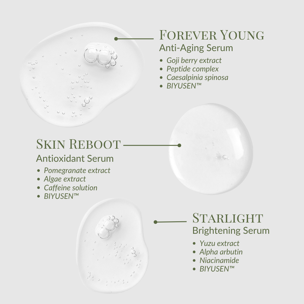 The GLOW UP Anti-Aging Discovery Kit by IREN Shizen features three serums, each formulated to boost collagen and deliver key ingredients for radiant, youthful skin.