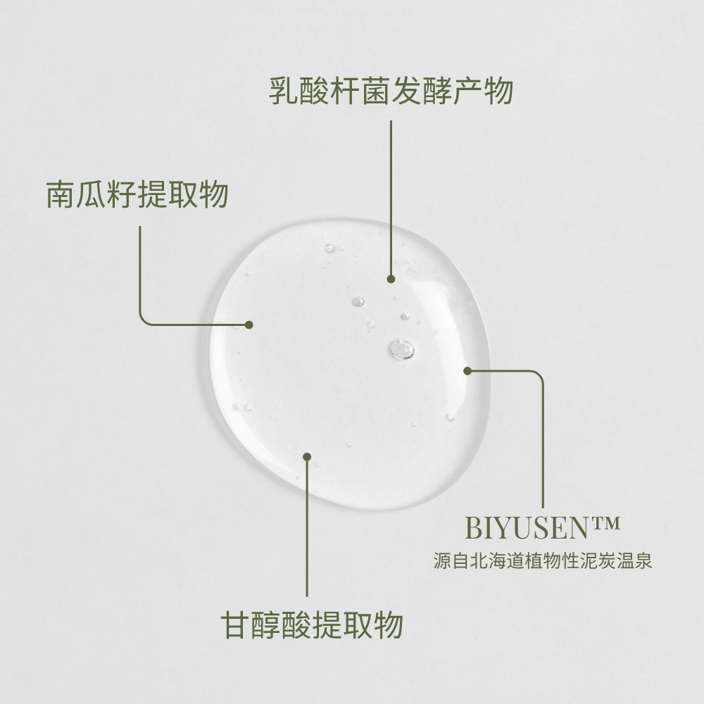 A clear gel drop labeled in Chinese showcases IREN Shizen's GLOW-GETTER Renewal Serum, featuring pumpkin seed extract, Lactobacillus ferment, gluconic acid extract, and BIYUSEN botanical mineral spring for gentle barrier renewal and exfoliation. #show-lang-zh-cn