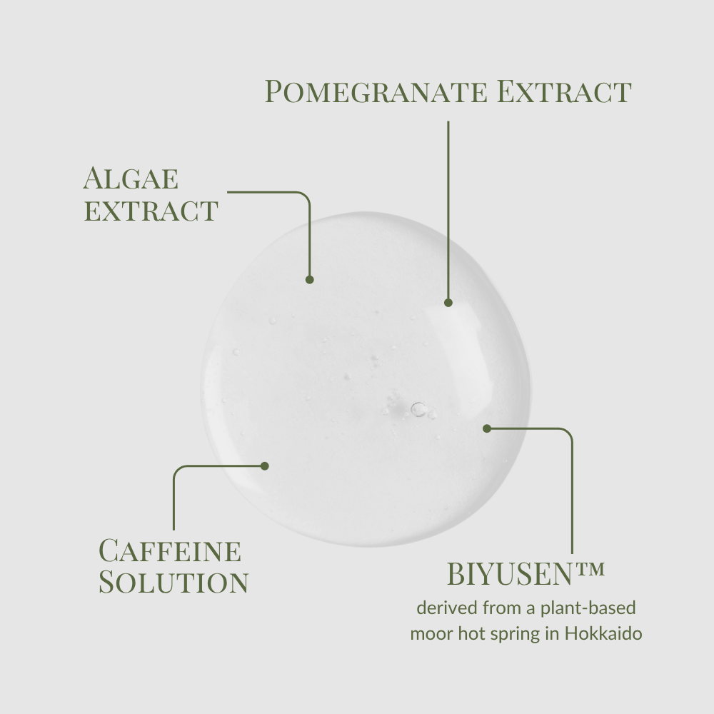 IREN Shizen’s SKIN REBOOT Antioxidant Serum, a clear gel containing pomegranate extract, algae extract, caffeine solution, and BIYUSEN™, helps reduce dark circles for a brighter under-eye area.