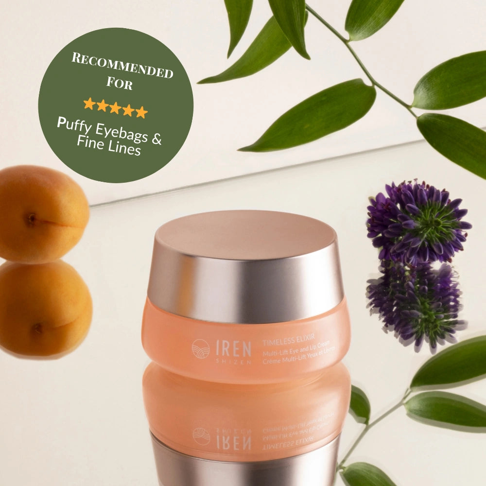 A jar of IREN Shizen TIMELESS ELIXIR Multi-Lift Eye and Lip Cream sits on a white surface with green leaves, a purple flower, and two apricots. A badge recommends this anti-aging cream for puffy eyebags and fine lines.
#show-lang-en #all-groups